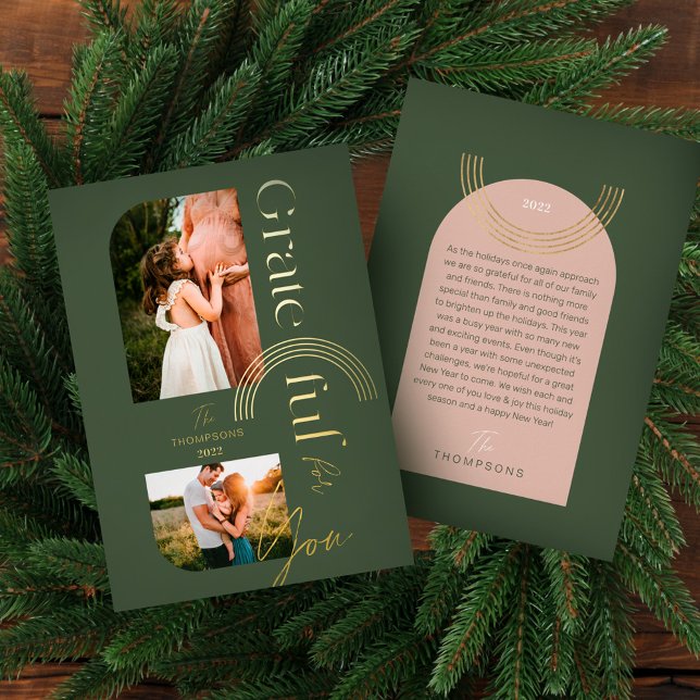 Grateful For You Modern Geometric Arch Two Photo Foil Holiday Card (Grateful For You Modern Geometric Arch Two Photo Foil Holiday Card)