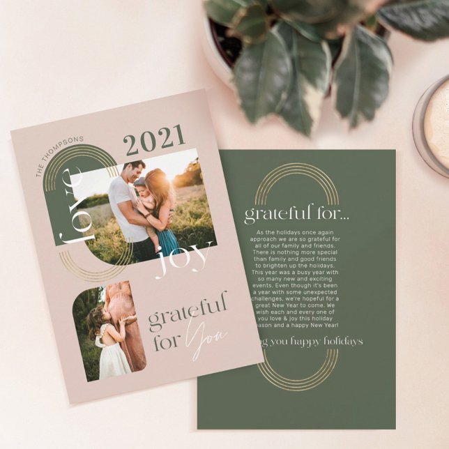 Grateful For You Modern Geometric Arch Two Photos Holiday Card (Creator Uploaded)
