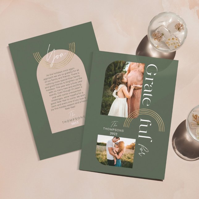 Grateful For You Modern Geometric Arch Two Photos  Holiday Card (Creator Uploaded)