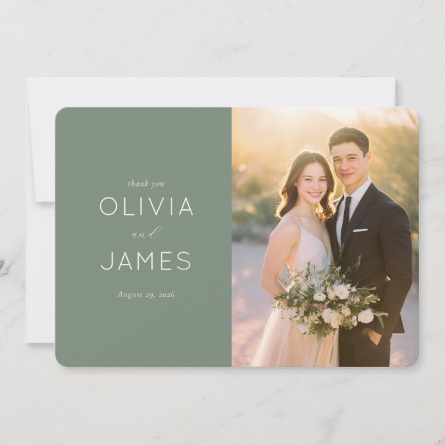 Grateful Green Elegant Photo Thank You Card (Front)