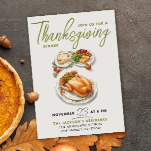 Grateful Green Thanksgiving Dinner Watercolor Invitation