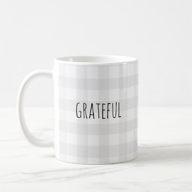 Grateful Grey Check Pattern Coffee Mug (Left)