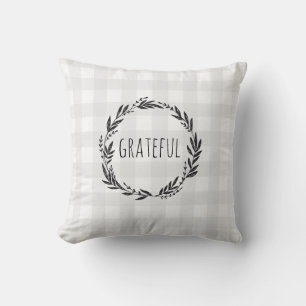 Grateful Grey Gingham Check Wreath Cushion