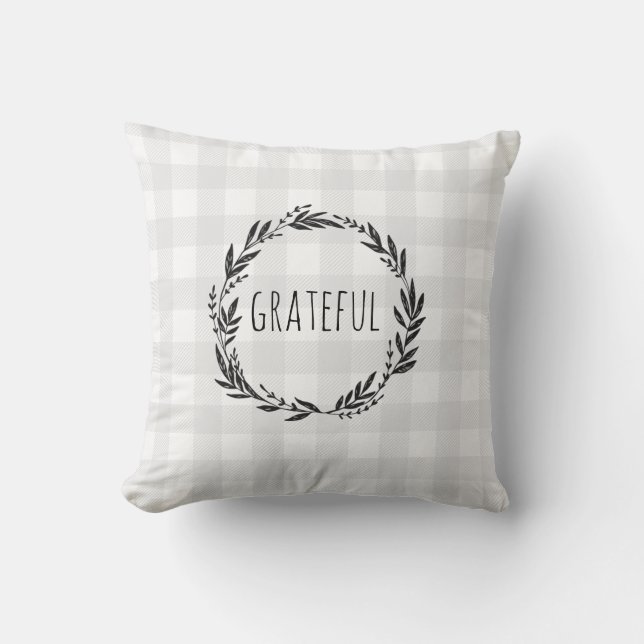 Grateful Grey Gingham Check Wreath Cushion (Front)