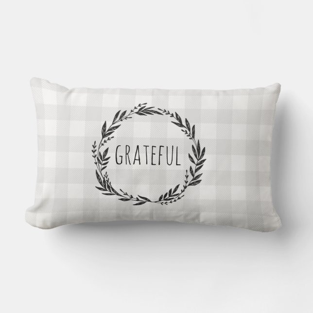 Grateful Grey Gingham Check Wreath Lumbar Cushion (Front)