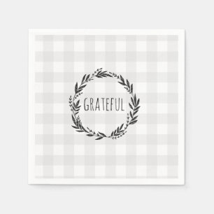 Grateful Grey Gingham Pattern Wreath Napkin