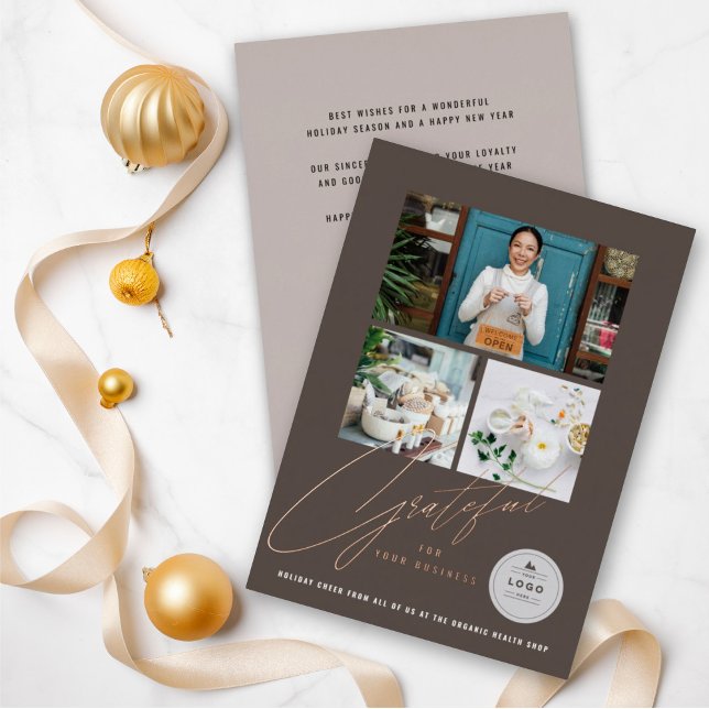 Grateful Handwrite Script 3 Photo Stylish Business Foil Holiday Card (Creator Uploaded)