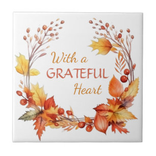 Grateful Heart Autumn Leaves Ceramic Tile