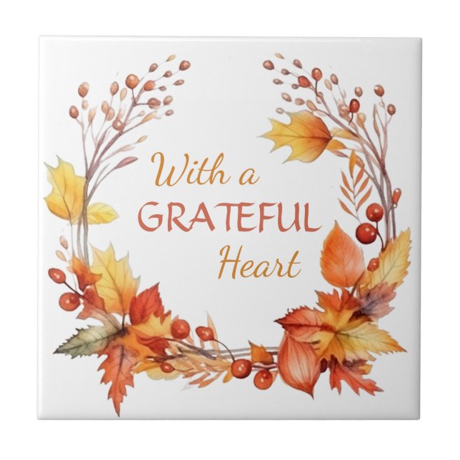 Grateful Heart Autumn Leaves Ceramic Tile (Front)