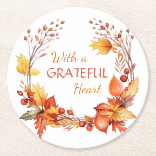 Grateful Heart Autumn Leaves Thanksgiving Round Paper Coaster
