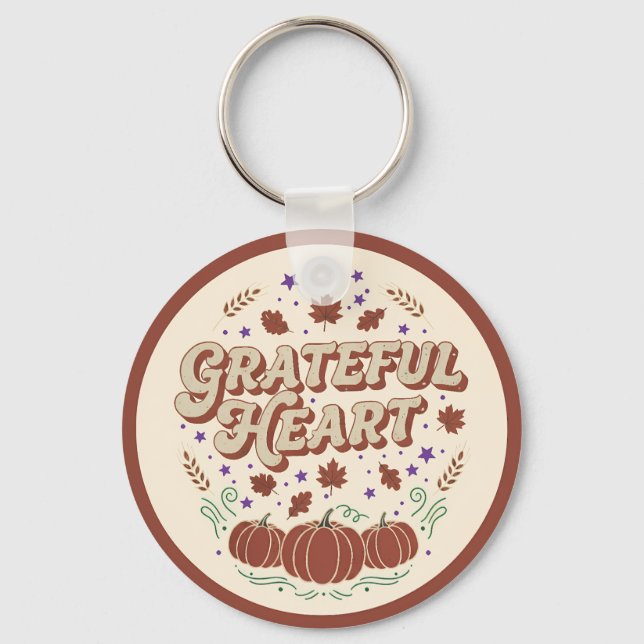 Grateful Heart Autumn Pumpkin Design Key Ring (Front)