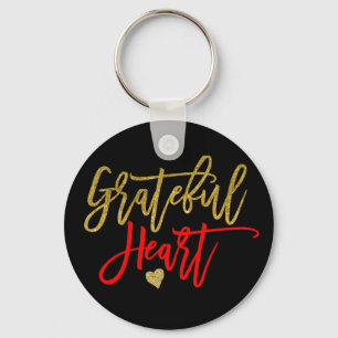 Grateful Heart Script Typography Red Gold Black Key Ring