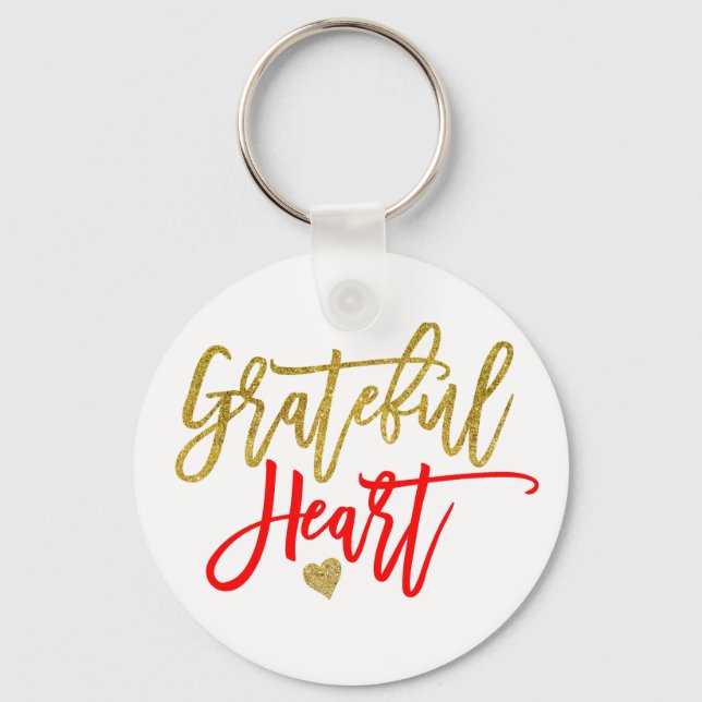 Grateful Heart Script Typography Red Gold Quote Key Ring (Front)