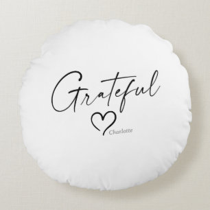Grateful Heart Your Name Minimal Ink Script Round Cushion