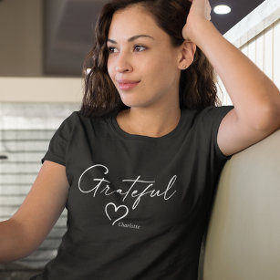 Grateful Heart   Your Name Minimal Ink Script T-Shirt