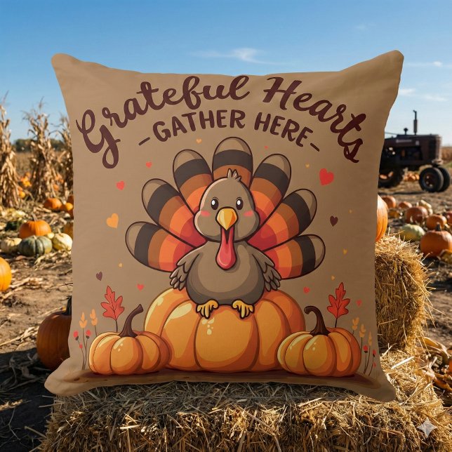 Grateful Hearts Thanksgiving Turkey Cushion (Grateful Hearts Thanksgiving Turkey Throw Pillow Mockup D)