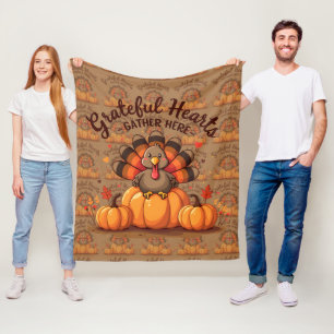 Grateful Hearts Thanksgiving Turkey Fleece Blanket