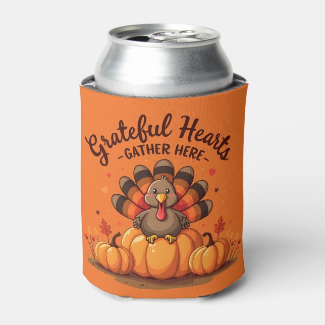 Grateful Hearts Thanksgiving Turkey Orange Can Cooler (Can Front)