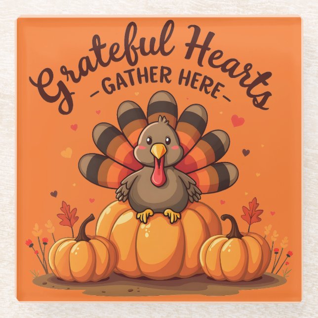Grateful Hearts Thanksgiving Turkey Orange Glass Coaster (Front)