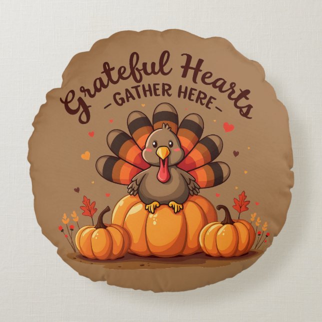 Grateful Hearts Thanksgiving Turkey Round Cushion (Front)
