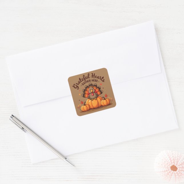 Grateful Hearts Thanksgiving Turkey Square Sticker (Envelope)