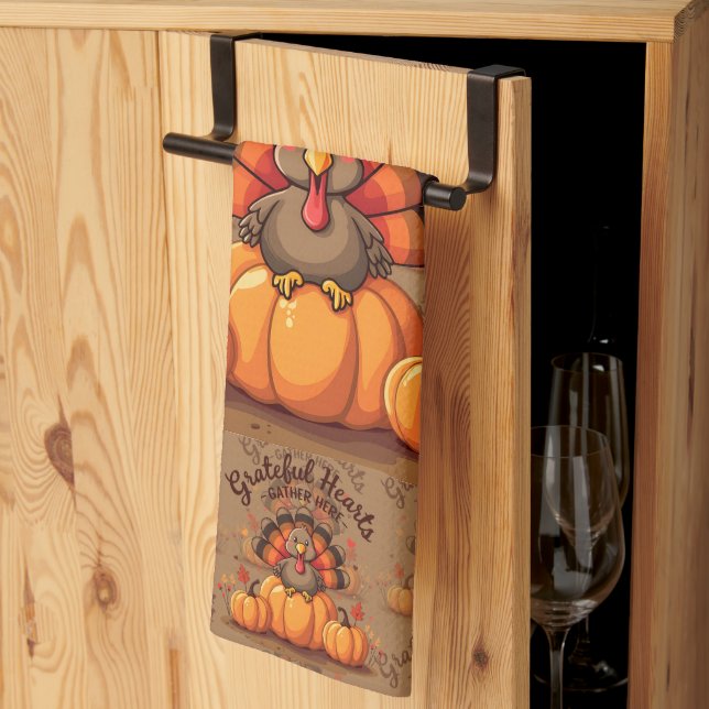 Grateful Hearts Thanksgiving Turkey Tea Towel (Thirds Fold)