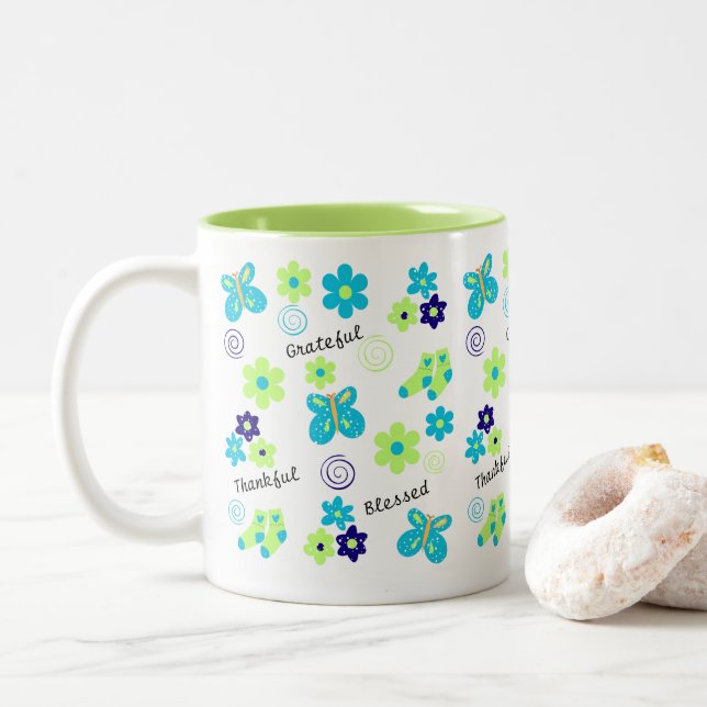 Grateful I Thankful I Blessed Fun Blue Green Mug (With Donut)