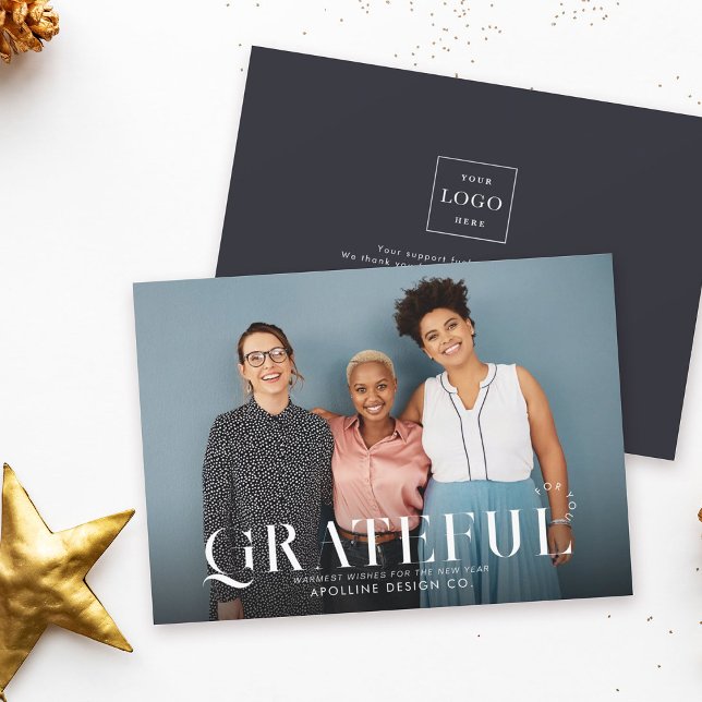 GRATEFUL Modern Bright Business Photo Elegant Logo Holiday Card (Creator Uploaded)