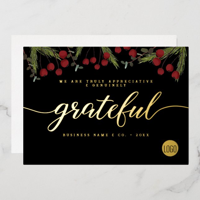 Grateful Modern Script Holly Pine business logo Foil Holiday Card (Front/Back)