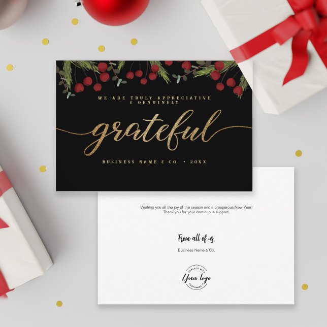 Grateful Modern Script Holly Pine business logo  Holiday Card (Customizable logo, name and message, business holiday card in red, green and gold.)