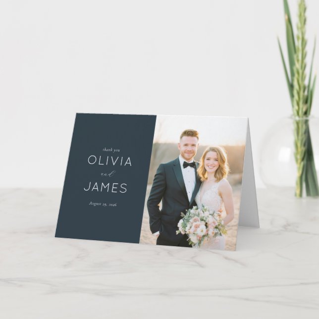 Grateful Navy Elegant Photo Thank You Card (Front)