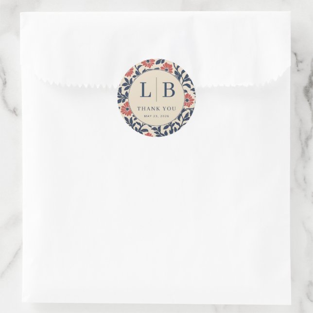 Grateful Navy Floral Circle Classic Round Sticker (Bag)