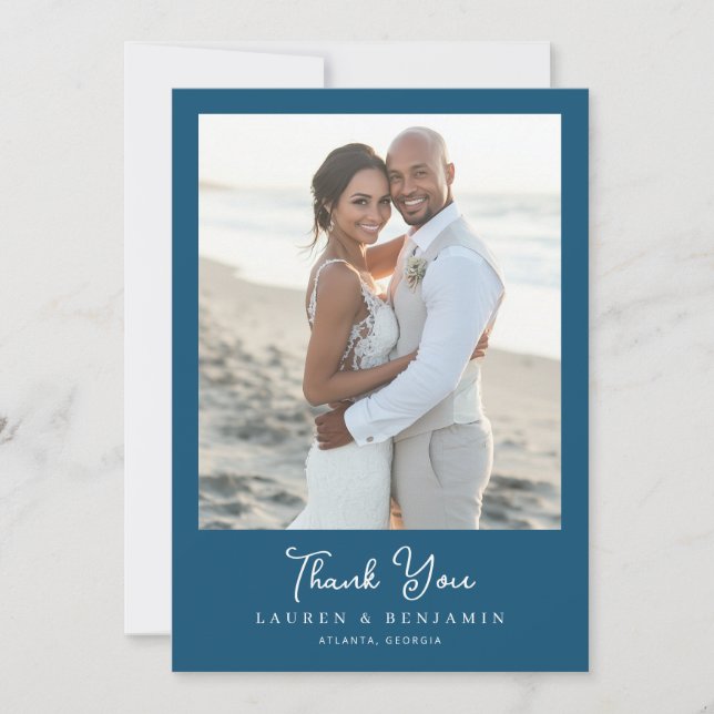 Grateful Navy Minimalist Photo Thank You Card (Front)