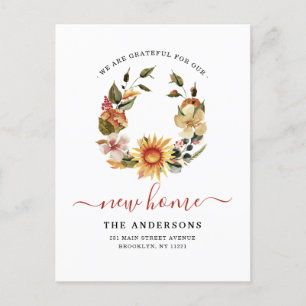 Grateful New Home We've Moved Fall Wreath Moving Announcement Postcard