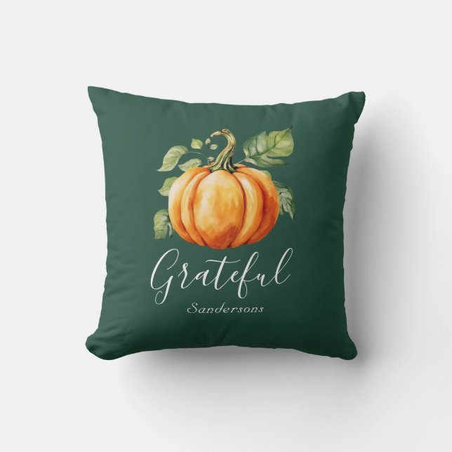 Grateful Orange Pumpkin Dark Green Personalised Cushion (Front)