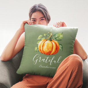 Grateful Orange Pumpkin Moss Green Personalised Cushion