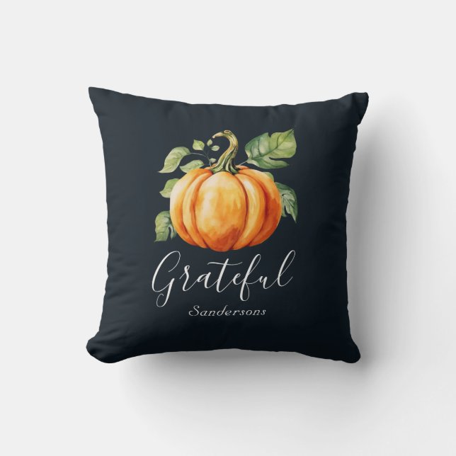 Grateful Orange Pumpkin Navy Personalised Cushion (Front)