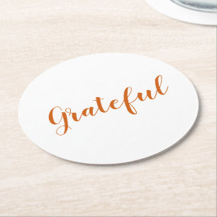 Grateful orange spice script cute thanksgiving round paper coaster