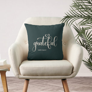 Grateful Personalized Family Name Dark Green Cushion