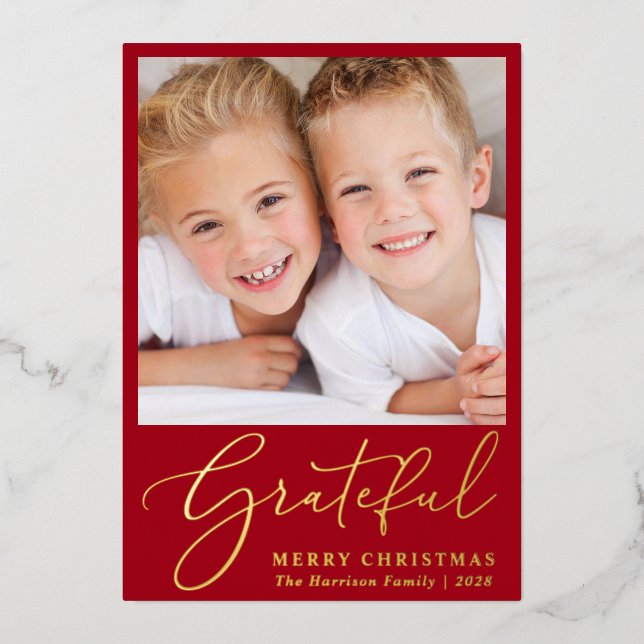 Grateful Photo Red Merry Christmas Foil Holiday Card (Front)