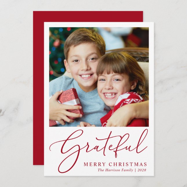 Grateful Photo Red Script Merry Christmas Holiday Card (Front/Back)