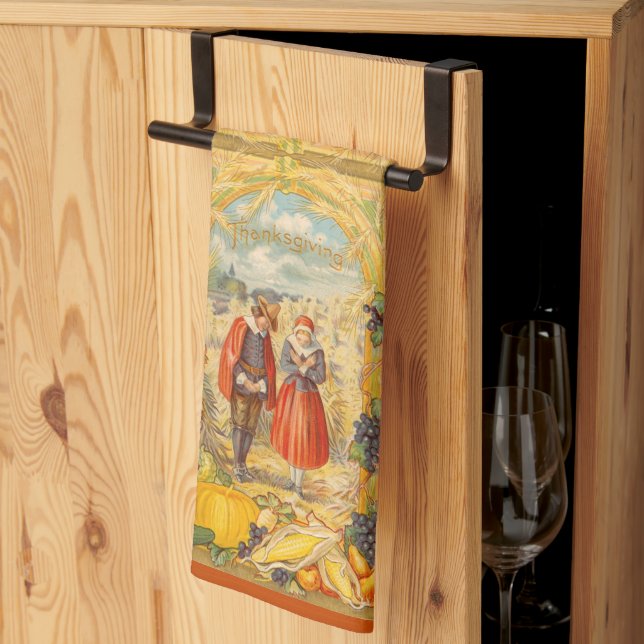 Grateful Pilgrims Thanksgiving on Orange Tea Towel (Thirds Fold)