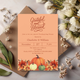 Grateful pumpkin atomic tangerine Thanksgiving Invitation