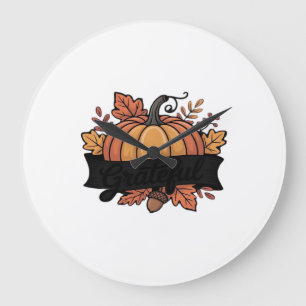 Grateful Pumpkin Autumn Leaves Design Classic T-Sh Large Clock