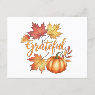 Grateful Pumpkin & Autumn Leaves Holiday Postcard