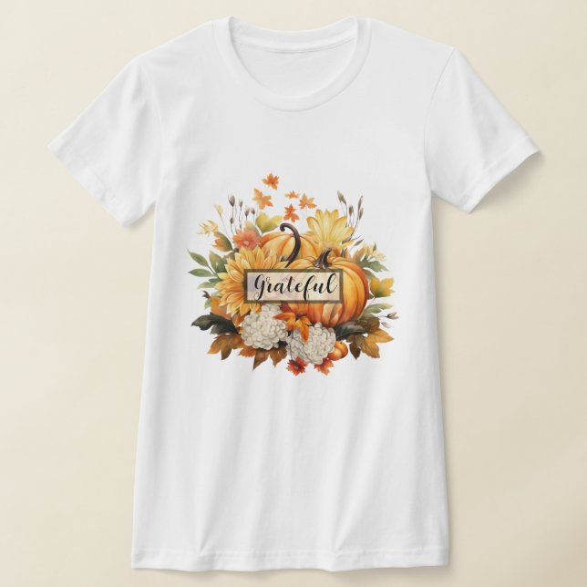 Grateful Pumpkin Floral Fall Thanksgiving T-Shirt (Laydown)