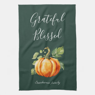 Grateful Pumpkin Thanksgiving Personalised Green Tea Towel