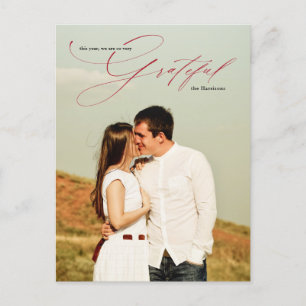 Grateful Red Calligraphy Chic Full Photo Holiday Postcard