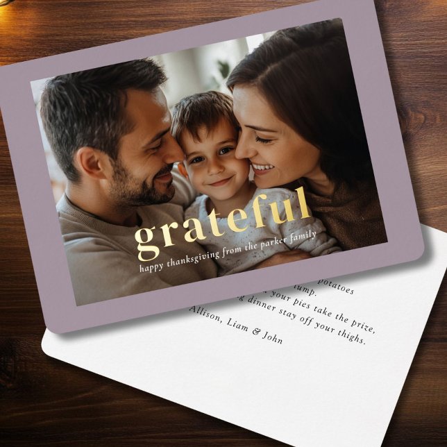 "Grateful" Rose-Gold-Foil, Photo ("Grateful" Modern, Minimal, Elegant, Gold-Foil, Photo Card.)