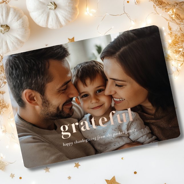 "Grateful" Rose-Gold-Foil, Photo ("Grateful" Modern, Minimal, Elegant, Rose-Gold-Foil, Photo Card.)